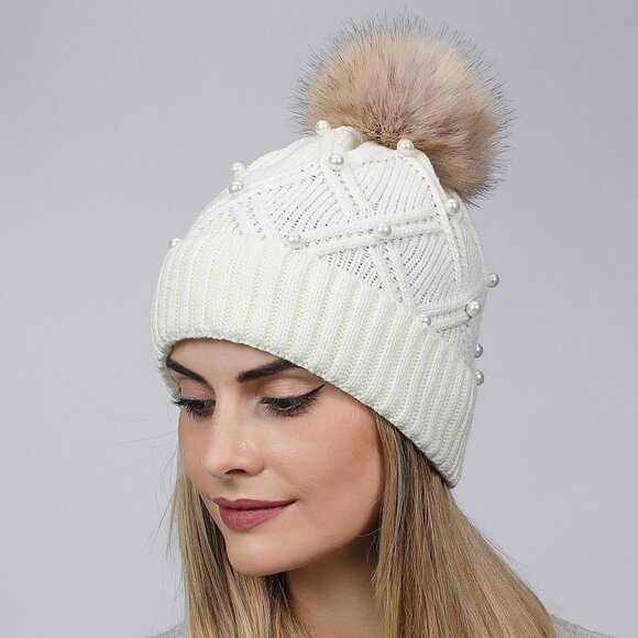 2/$30 White Stylish Knit Beanie with Faux Fur Pom-Pom & Pearl Embellishments - Picture 5 of 5